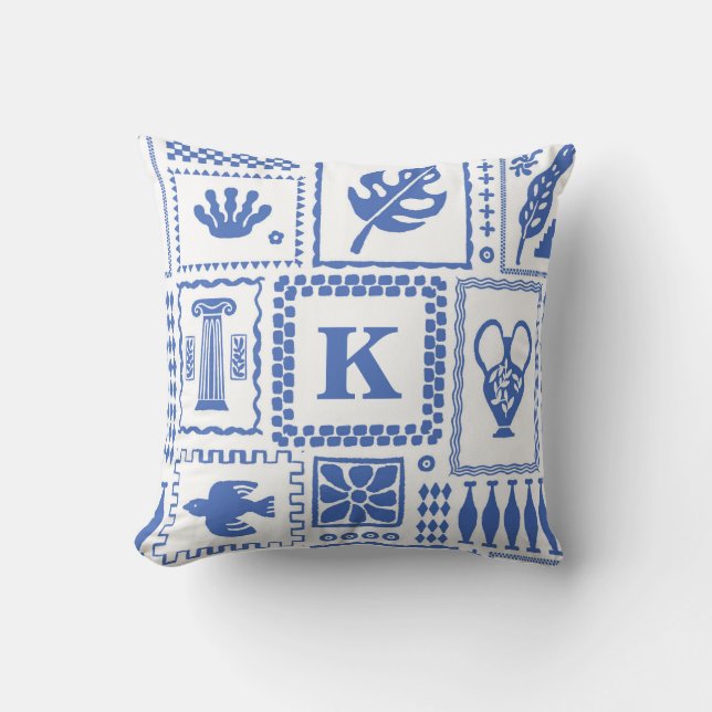 Monogram Modern Blue White Abstrakt Mönster Kudde (Framsida)