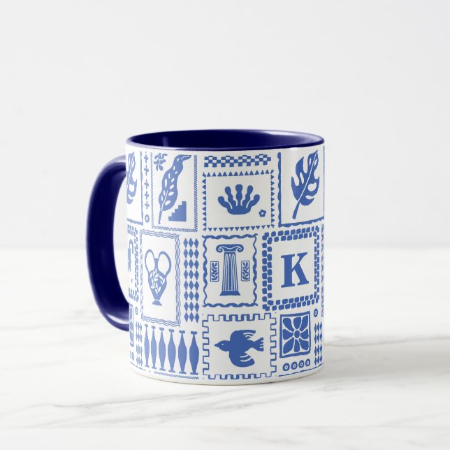 Monogram Modern Blue White Abstrakt Mönster Mugg (Framsida vänster)