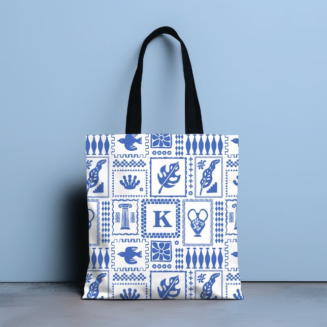Monogram Modern Blue White Abstrakt Mönster Tygkasse (Skapare uppladdad)