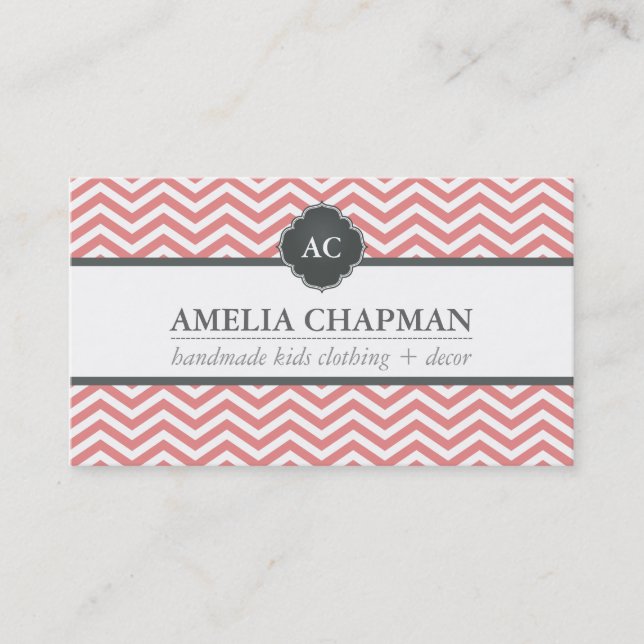 MONOGRAM modern chevron mönster rosa grått  Visitkort (Framsida)