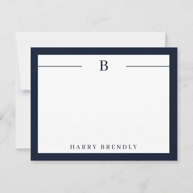 Monogram Modern Gräns Navy White Flate Note Card Anteckningskort (Framsida)
