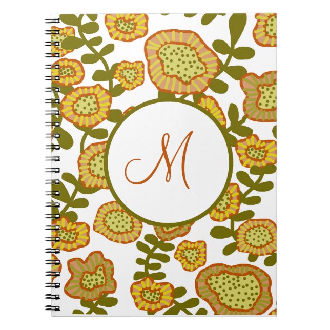 Monogram Modern Guld Olive Orange Blommigt Journal Anteckningsbok (Framsidan)