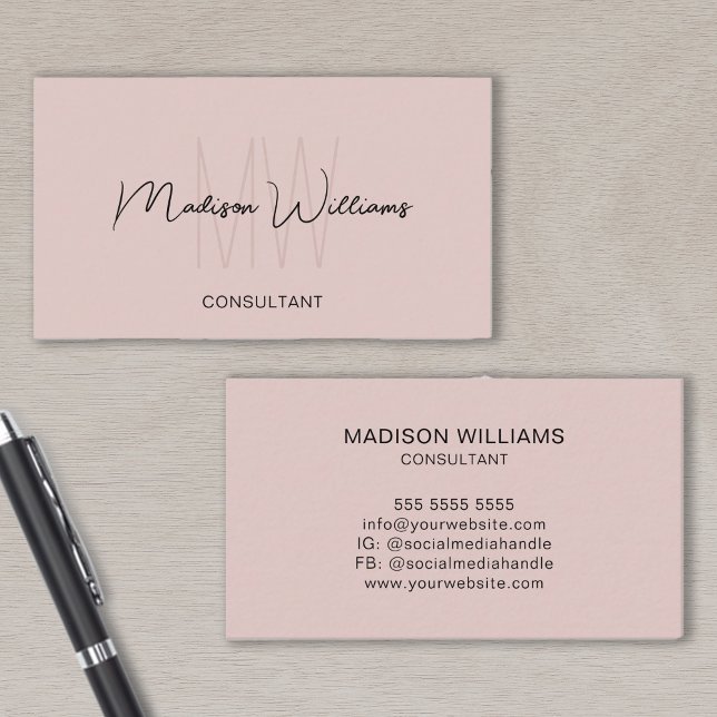 Monogram Modern Logotyp Namn  Rosa Consultant Visitkort (Monogram Modern Logo Name Blush Pink Consultant Business Card)