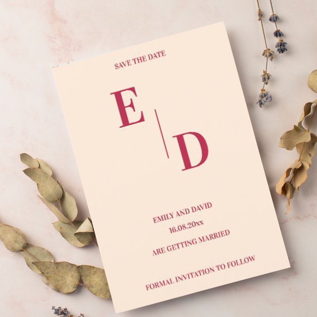 Monogram Modern Magenta Bröllop Save The Date Meddelande Vykort (Skapare uppladdad)