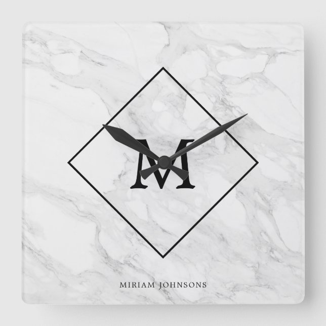 Monogram modern marmor fyrkantig klocka (Framsida)