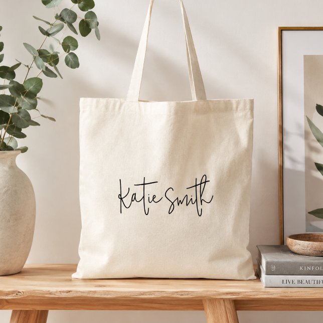 Monogram Modern Minimal handskriven skrift Tygkasse (Personalized name tote bag with clean script styling for everyday errands, work, and gifts.)