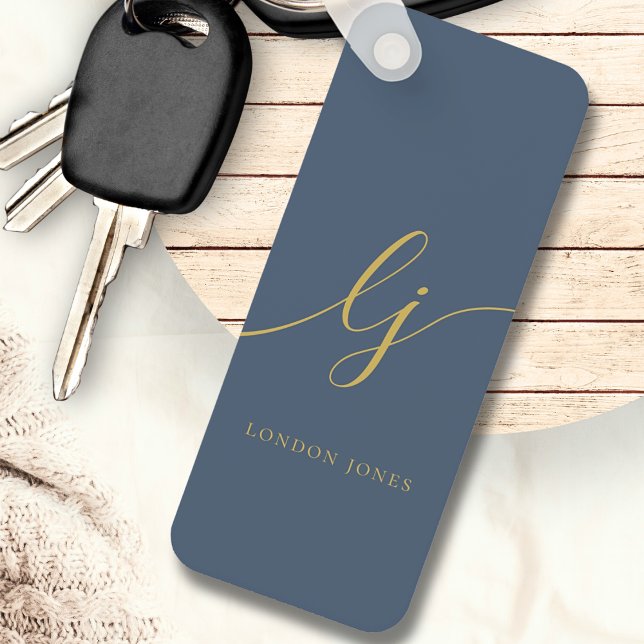 Monogram Modern Minimum Elegant Navy Blue Guld Nyckelring (Skapare uppladdad)