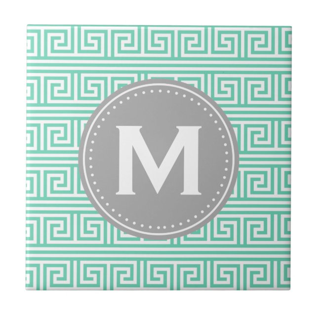 Monogram Modern Mint Grekiska Nyckel Mönster Kakelplatta (Framsidan)