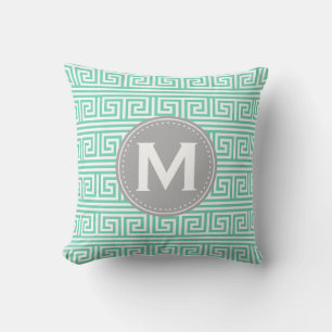 Monogram Modern Mint Grekiska Nyckel Mönster Kudde