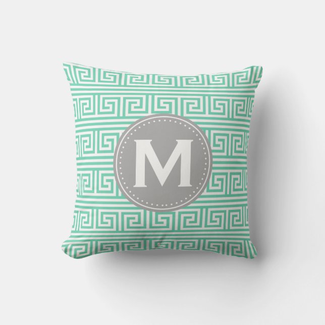Monogram Modern Mint Grekiska Nyckel Mönster Kudde (Framsida)