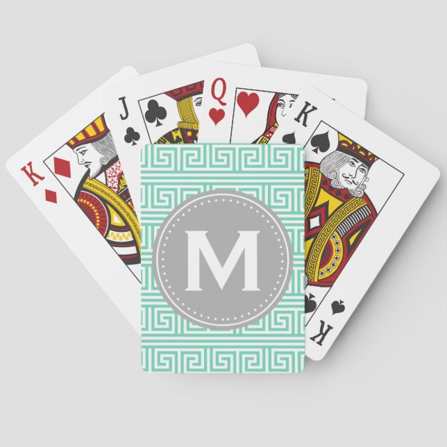 Monogram Modern Mint Grekiska Nyckel Mönster Spelkort (Baksidan)