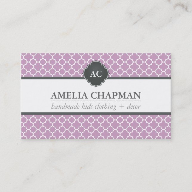 MONOGRAM modern morrocan mönster lilac lila grått Visitkort (Framsida)