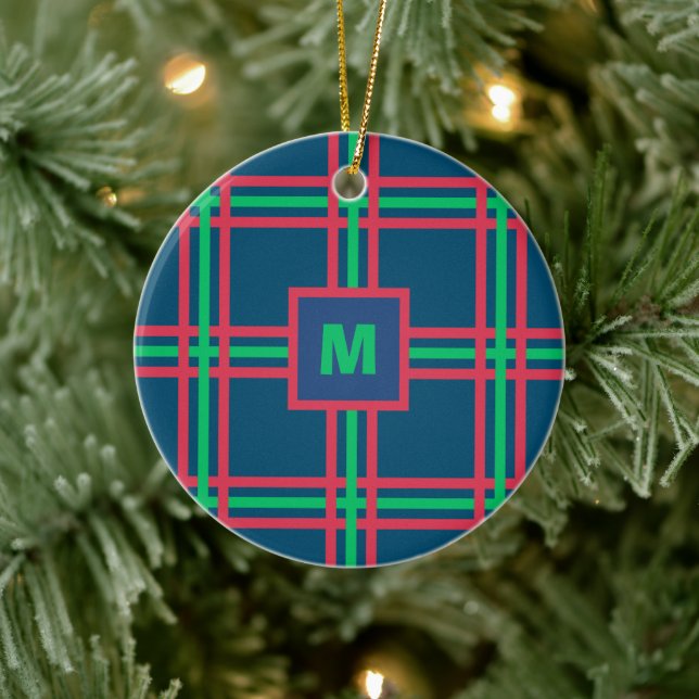Monogram Modern Navy Blue Grönt Play Helgdag Julgransprydnad Keramik (Träd)