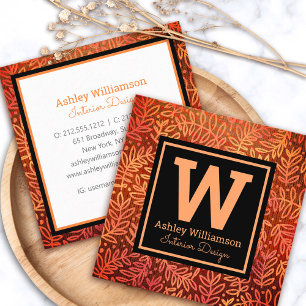 Monogram modern orange guld blad löv mönster fyrkantigt visitkort