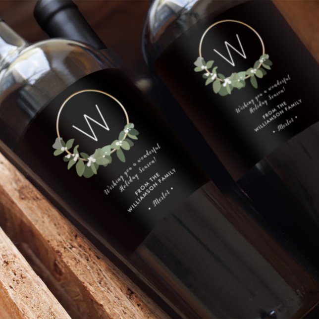 Monogram Modern Personlig God jul Vinflaska Etikett (Monogram Wine label wreath for Christmas.)