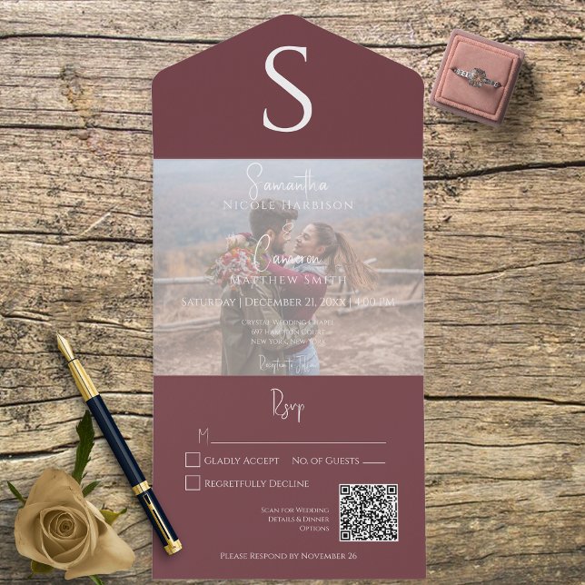 Monogram Modern Photo Burgundy Vin QR-kod (Skapare uppladdad)