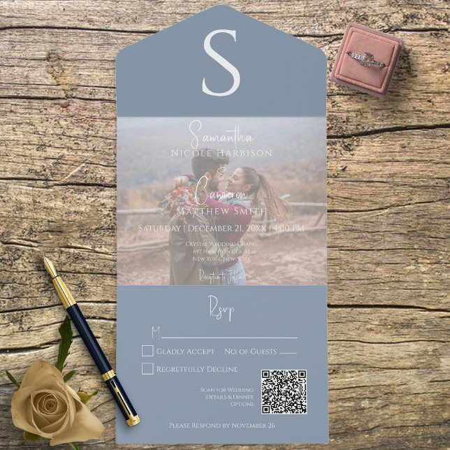 Monogram Modern Photo Dusty Blue QR-kod (Skapare uppladdad)