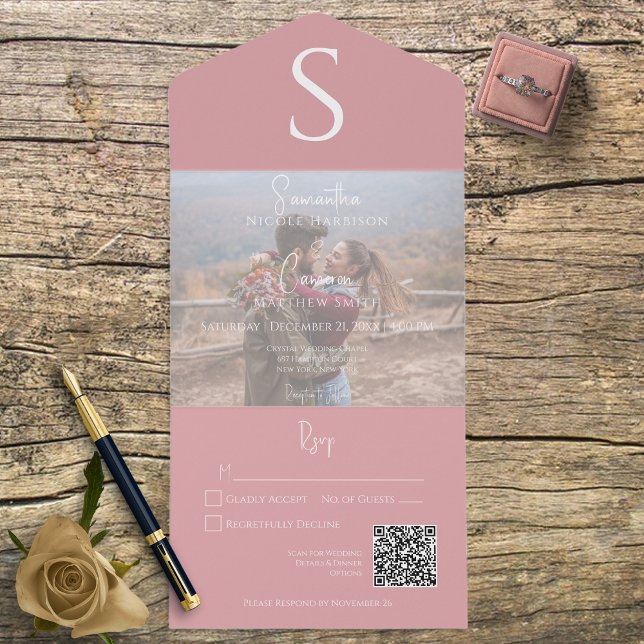 Monogram Modern Photo Dusty Rosa QR-kod (Skapare uppladdad)