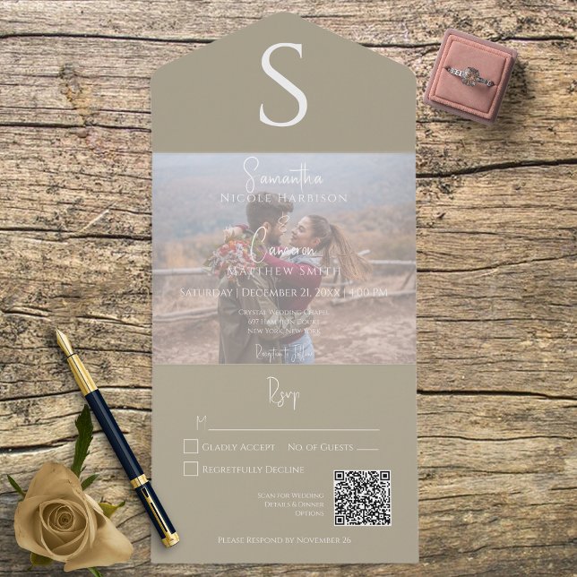 Monogram Modern Photo Khaki Tan QR-kod (Skapare uppladdad)