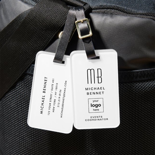 Monogram Modern Professionell för Logotyp i företa Bagagebricka (Custom Logo Monogrammed White Luggage Tag)