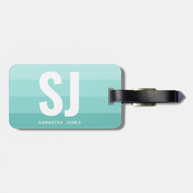 Monogram Modern Rainbow Teal Blue Rand Initialer Bagagebricka (Baksida Vågrät)