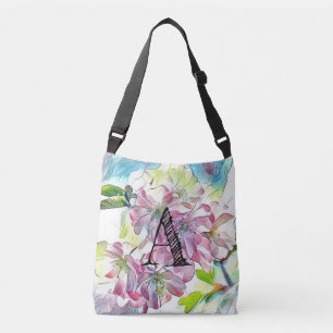Monogram Modern Rosa Cherry Blommar Watercolor Axelväska