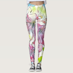 Monogram Modern Rosa Cherry Blommar Watercolor Leggings