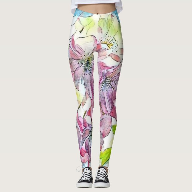 Monogram Modern Rosa Cherry Blommar Watercolor Leggings (Framsida)
