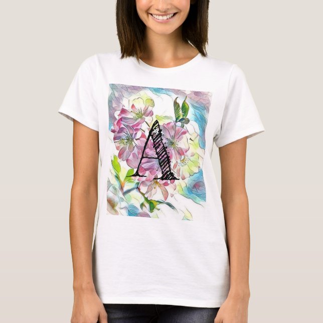 Monogram Modern Rosa Cherry Blommar Watercolor T Shirt (Framsida)