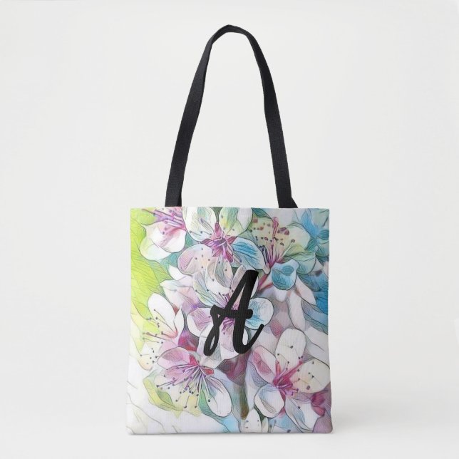 Monogram Modern Rosa Cherry Blommar Watercolor Tygkasse (Framsida)