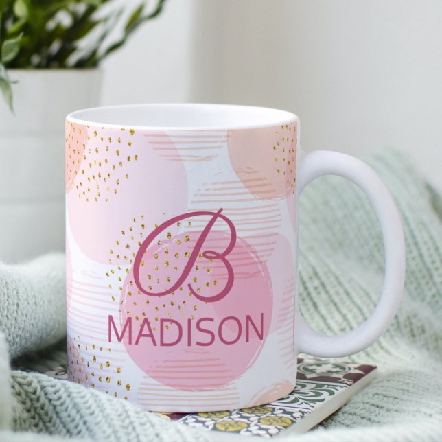 Monogram Modern Rosa Girly Glitter Personlig Kaffemugg (Skapare uppladdad)