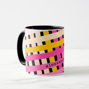 Monogram Modern Rosa Gul Svart Rutig Randig Söt Mugg