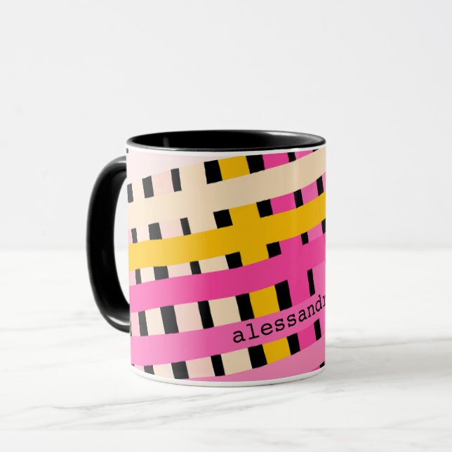 Monogram Modern Rosa Gul Svart Rutig Randig Söt Mugg (Framsida vänster)