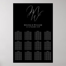Monogram Modern svart Bröllop-sittdiagram i chic Poster