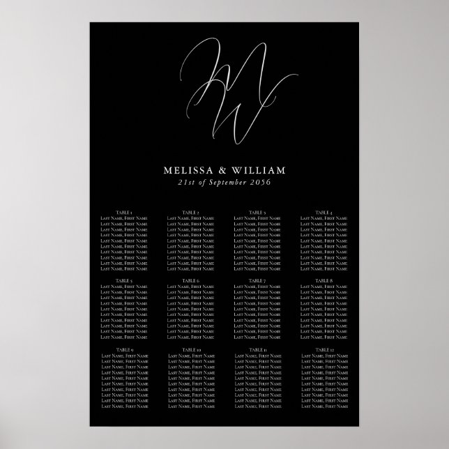 Monogram Modern svart Bröllop-sittdiagram i chic Poster (Framsidan)