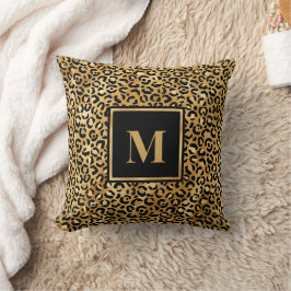 Monogram Modern Svart Guld Leopardtryck Kudde