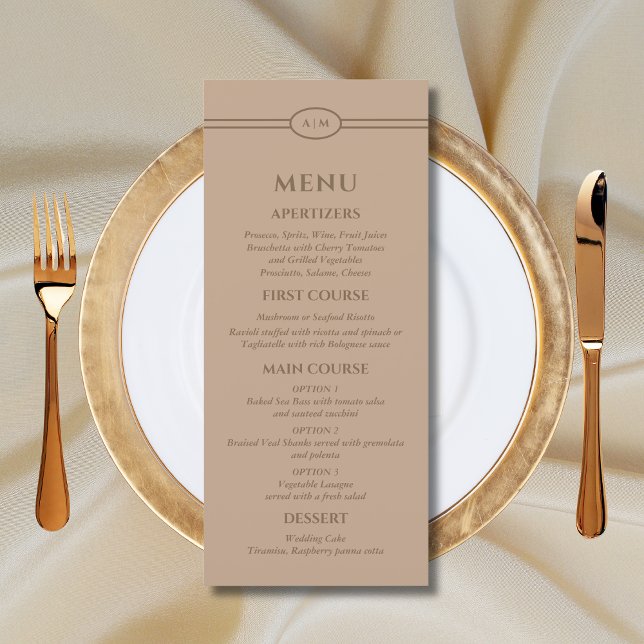 Monogram Modern Taupe Christian Wedding Menu Meny (Skapare uppladdad)