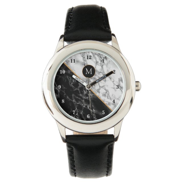 Monogram Modern Watch Black White Marble Armbandsur (Framsida)