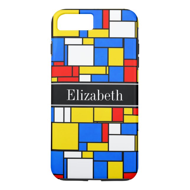 Monogram Mondrian Stil Red Blue Gult Black Namn Case-Mate iPhone Skal (Baksida)