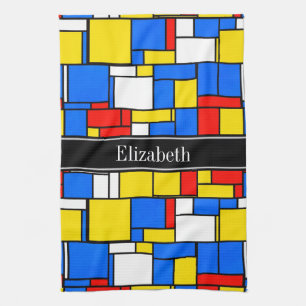 Monogram Mondrian Stil Red Blue Gult Black Namn Kökshandduk