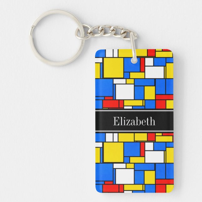 Monogram Mondrian Stil Red Blue Gult Black Namn Nyckelring (Framsidan)