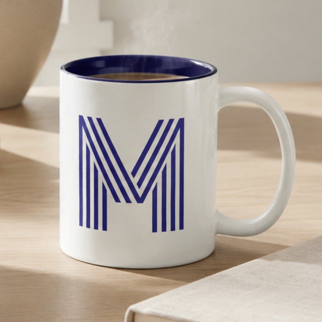 Monogram Monogrammerad Initial Blå Modern Enkel Två-Tonad Mugg (Skapare uppladdad)