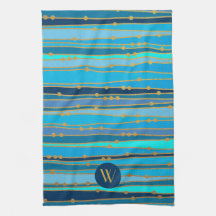 Monogram monokrom blå våg Rand Faux Guld Dot