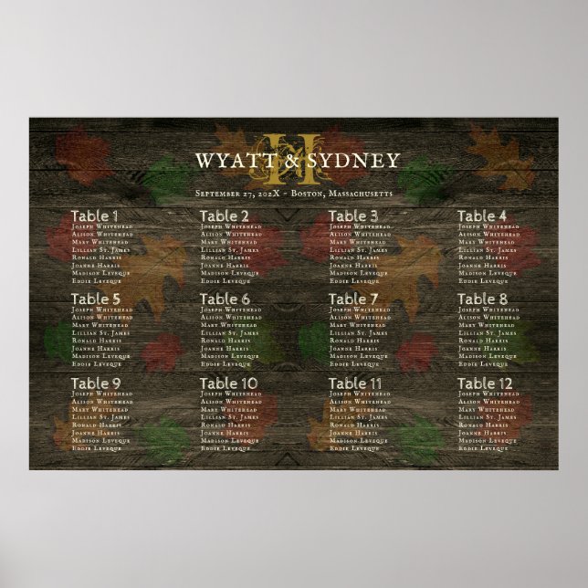 Monogram Mönster Höst Löv Mörkt Trä Bord Sittplats Poster (Framsidan)