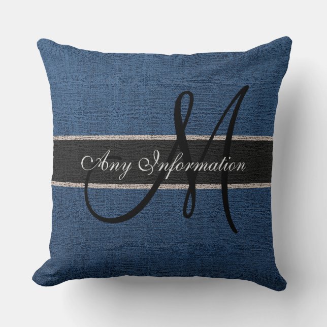 Monogram Mörk blått Burlap Rustik Jute Kudde (Framsida)