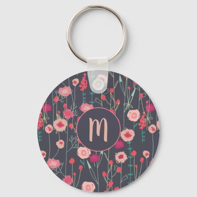 Monogram Mörk Blommigt Nyckelring (Framsida)
