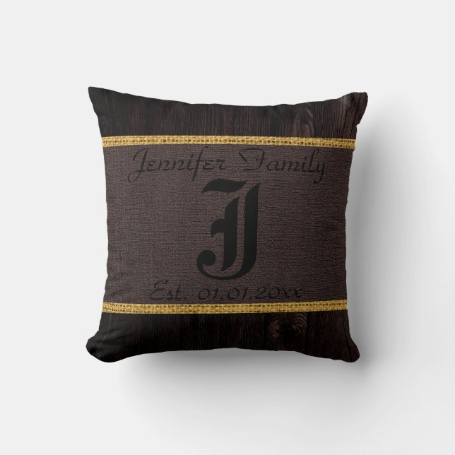 Monogram Mörk Brown Rustic Burlap Linen Wood-utsee Kudde (Framsida)
