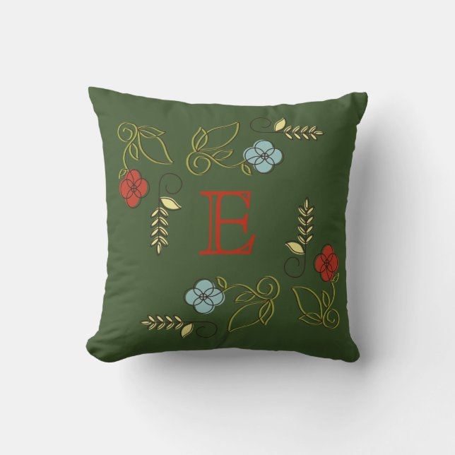 Monogram Mörk grönt blommor Bröllop Pillow Kudde (Framsida)