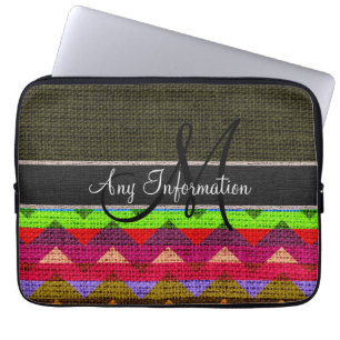 Monogram Mörk grönt Chevron Zigzag Burlap Jute Laptop Fodral