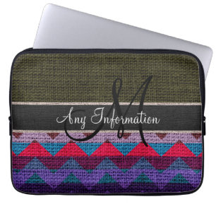 Monogram Mörk grönt Chevron Zigzag Burlap Jute Laptop Fodral